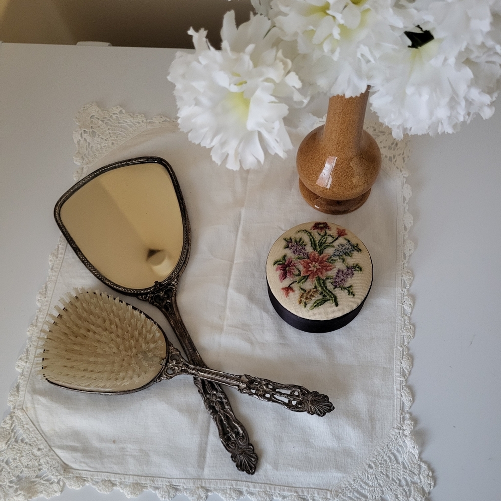 Vintage Globe Vanity Mirror and Brush Set